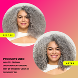 Woman with silver curly hair Before and After